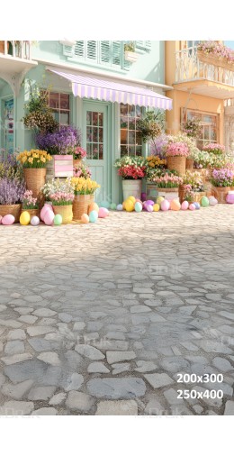 Tło fotograficzne „Wiosenna pastelowa ulica z kwiatami i pisankami” | E688